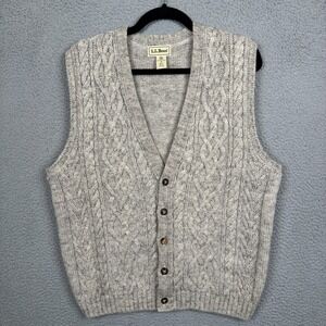 LL Bean Vest Mens M Gray Wool Cardigan Cable Knit Scotland Made Old Money Preppy